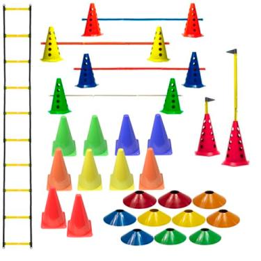 Imagem de Escada Funcional + 10 Cones Furados C/ 5 Barreiras + 10 Cones Lisos De Agilidade + 10 Pratos