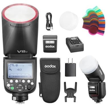 Imagem de Godox V1Pro-F V1Pro F Shot Flash para câmera Fuji TTL cabeça redonda Speedlite 76Ws 2.4G X Wireless HSS 1/8000s 2980mAh bateria de lítio lâmpada de modelagem LED subflash destacável SU-1 (versão dos
