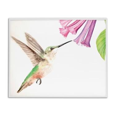 Imagem de Stupell Industries Arte giclée emoldurada branca com beija-flor e bluebell, design de Stephanie Fielden, 50 x 40 cm