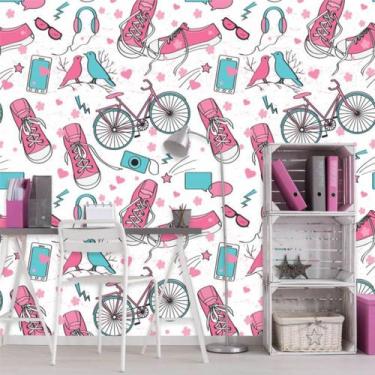 Imagem de Papel de Parede Vinil Autocolante Teen Girl Azul e Rosa 250 - Inove Pa