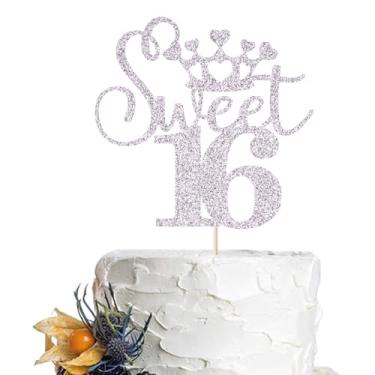 Imagem de Topo de bolo Sweet 16, tema de coroa - festa de aniversário de 16 anos, princesa menina 16/aniversário aniversário decoração de festa de casamento suprimentos - prata (3)