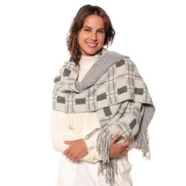 Imagem de Cachecol Feminino Biamar Xadrez com Franjas Cinza-Feminino