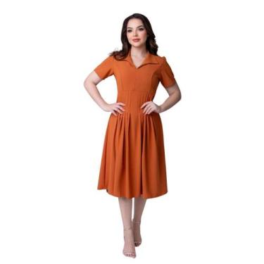Imagem de Vestido Feminino Midi Rodadinho Manga Curta Gola Polo V Acinturado Cas