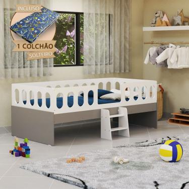 Imagem de Cama Juvenil Lara Solteiro Criança com Escadinha e Colchão Branco e Cinza - Baby Mobília