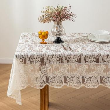 Imagem de OUZHUHUI Toalha de mesa bordada de renda, retangular, vintage, protetor de mesa à prova de poeira, para cozinha, sala de jantar, festa, banquete, casa, piquenique, decoração de casamento (branco
