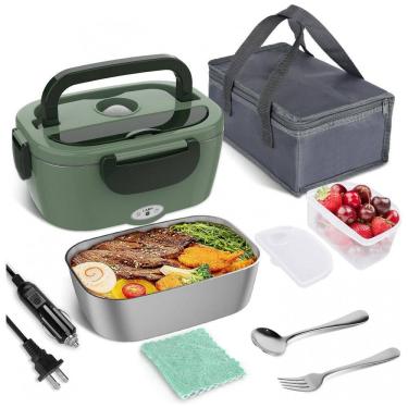 Imagem de Marmita Elétrica Portátil 1,5L com Garfo, Colher e Bolsa para Transporte, 12V 1110V 60W, Vabaso, Verde Escuro