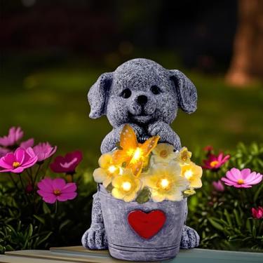 Imagem de OTAVILEM Estátuas solares de cachorro para decoração de jardim, estatuetas de cachorro ao ar livre com balde para quintal pátio gramado varanda ornamentos - presentes de jardim para o dia das mães