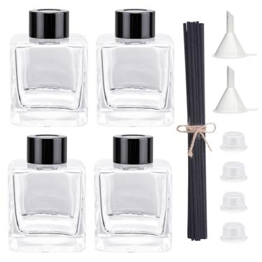 Imagem de Agidea 4 Frascos Difusores De Vidro, Formato Quadrado, Recarregáveis, Com 20 Varetas, Tampas Pretas E Funil, 10 Cm Altura, 200 Ml, 7,05 Fl Oz., Potes Para Decoração Fragrâncias Óleo Casa