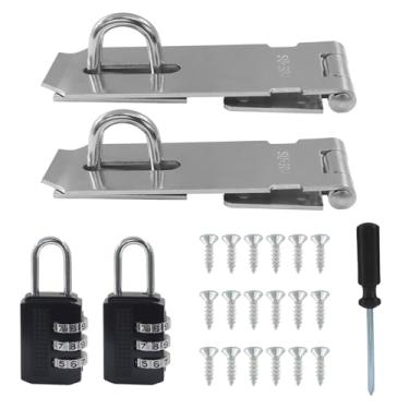 Imagem de Seimneire Pacote com 2 fechaduras de porta, cadeado de dobradiça de aço inoxidável de 10 cm 180 graus para armário de porta de celeiro