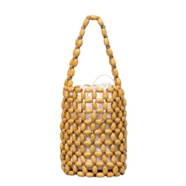 Imagem de SHAREYOIU Bolsa feminina tecida à mão, bolsa de contas de madeira, bolsa pequena de tecido, Amarelo