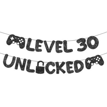 Imagem de Fulmoon Banner pré-amarrado nível 30 desbloqueado glitter decorações de festa de 30 anos engraçado 30 anos placa de festa para homem mulher interior exterior (preto)
