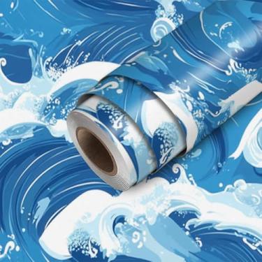 Imagem de HOMETITUTE Papel de parede abstrato com movimento ondulado azul descasque e cole papel de parede 45 cm x 300 cm revestimento de parede de vinil removível autoadesivo para quarto cozinha banheiro