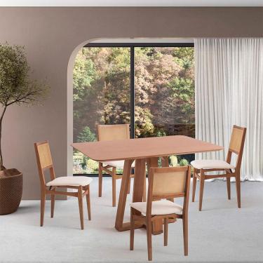 Imagem de Conjunto de Mesa Retangular com Tampo de Madeira Maciça Frame e 4 Cadeiras Serena Algodão Bege Claro e Nogueira