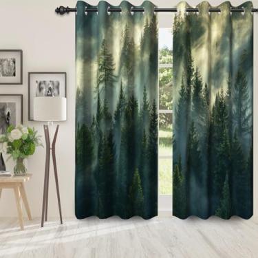 Imagem de Yanutan Cortinas blecaute floresta verde para quarto/sala de estar, conjuntos de 2 painéis cortina de janela blackout, cortinas estampadas com isolamento térmico de floresta simples e elegante com
