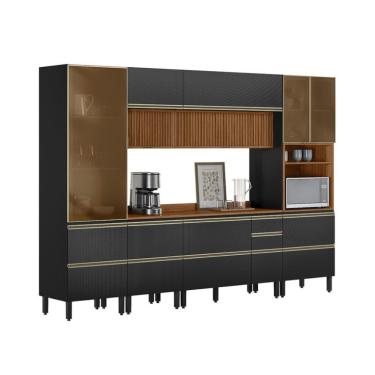 Imagem de Armário de Cozinha Compacta com 3 Vidros Reflecta Proença Ripado 9 Portas 11 Gavetas Carbono e Nogueira