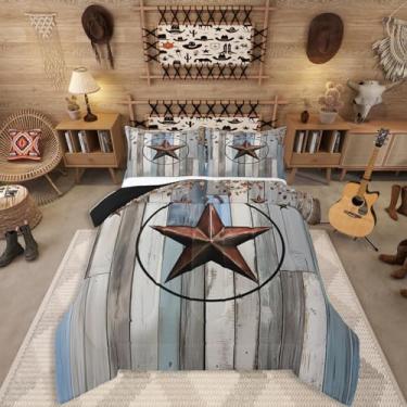 Imagem de Erosebridal Conjunto de edredom com estrela do oeste do Texas, casa de fazenda rústica, tamanho casal, edredom retrô para crianças, adolescentes, adultos, homens, quarto, porta de madeira, decoração