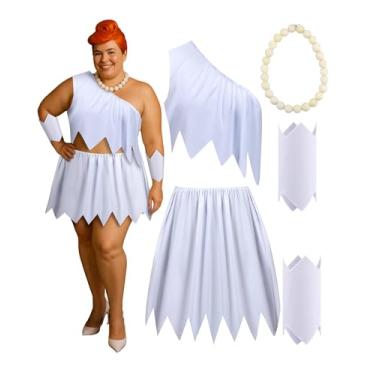 Imagem de Mepase Conjunto de fantasia feminina branca plus size, caverna, retrô, cosplay pré-histórico, com colar de pedras, estilo clássico de desenho animado, vestido de festa de Halloween, visual de