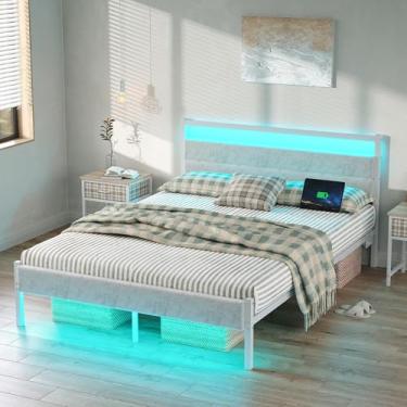 Imagem de Estruturas de cama de casal com estação de carregamento, luzes LED com cabeceira estofada cinza, armazenamento sob a cama, com suporte de ripas resistentes, sem necessidade de mola box, sem ruído