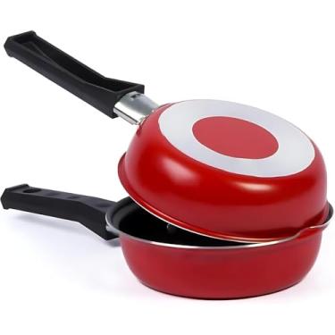 Imagem de Frigideira Dupla Hamburgueira e Omeleteira Antiaderente, 14cm, Vermelha, Alumínio com Cabo em Baquelite