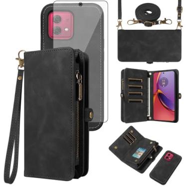 Imagem de Asuwish Capa de celular para Motorola Moto G84 5G carteira com zíper destacável com protetor de tela de vidro temperado alça transversal alça flip porta-cartões slot G 84 2023 mulheres homens meninas