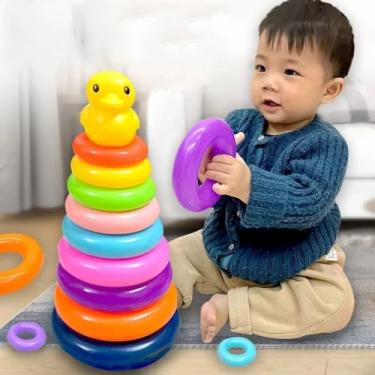 Imagem de Torre de Empilhar Colorida com Pato, Brinquedo Educativo Montessori, Anéis Empilháveis para Bebês 1-3 Anos