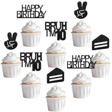 Imagem de Sursurprise Bruh It's My 10th Birthday Decorations Black, 24Pcs Bruh I’m 10 Birthday Cupcake Toppers, Preteen and Teen Boy 10 Year Old Bday Party Supplies