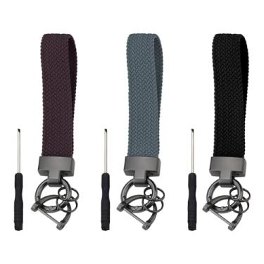 Imagem de LELE LIFE Pacote com 3 chaveiros elásticos de pulso, chaveiro para chaves de carro com mosquetão, anel D e 2 chaveiros, cordão de pulso bonito para mulheres e homens, preto + cinza + roxo