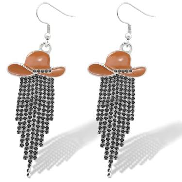 Imagem de RechicGu Western Cowgirl Chapéu Esmaltado Brilhante Strass Borla Brincos Pendentes Baile Country Concertos Rodeio Cowboy Roupas Joias Presente para Mulheres, Zinco, Sem pedra preciosa