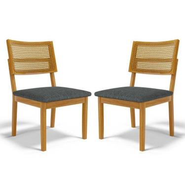 Imagem de Kit Com 2 Cadeiras Aline Madeira Maciça Assentos Estofados Encostos De Tela Palha Sextavada Linho Chumbo 406