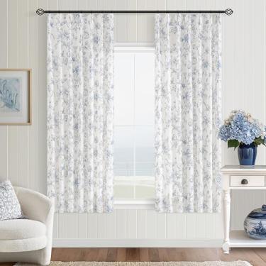 Imagem de Cortinas florais azuis de 153 cm de comprimento para sala de jantar e sala de estar, aba traseira plissada, casa de fazenda, boho, vintage, padrão de filtragem de luz, estampada, cortina de linho