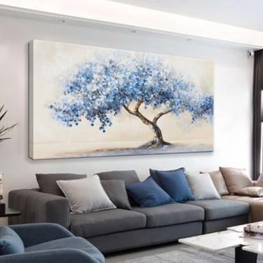 Imagem de Suconvng Árvore da vida arte de parede árvore azul pintura de parede decoração de parede arte em tela decoração de parede para sala de estar quarto banheiro escritório decoração de casa 50 x 101 cm