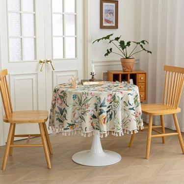 Imagem de Erbnaryx Toalha de mesa verde de designer para mesas redondas, bordas com franjas com folhas e flores, toalha de mesa floral de fazenda decorativa para cozinha e sala de jantar, 152 cm (redondo)