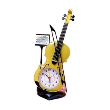 Imagem de Relógio Despertador Decorativo em Formato de Violino, 27,5 cm, Design Vintage, Marrom e Amarelo (Amarelo)