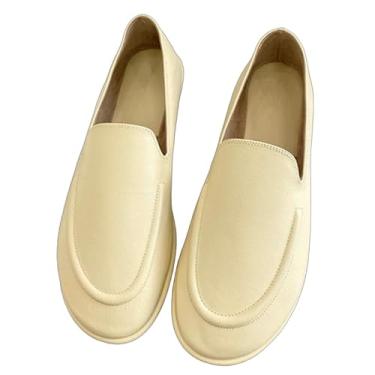 Imagem de Sapatos rasos minimalistas de couro genuíno feitos à mão francês retrô bico redondo sapatos para avó elegantes mocassins sem cadarço, Bege, 38