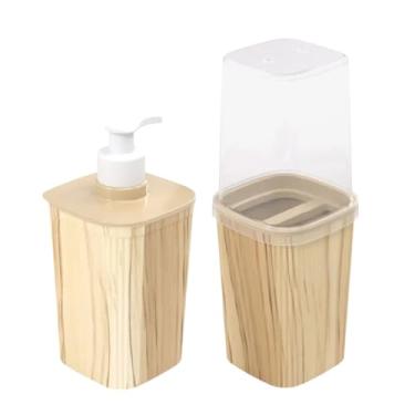 Imagem de Kit Lavabo Porta Escovas de Dentes e Sabonete Líquido Organizador Pia Banheiro (Amadeirado)