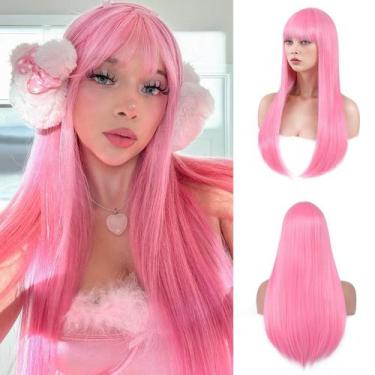 Imagem de Peruca Bkiyyi rosa longa rosa claro reta com franja 60cm