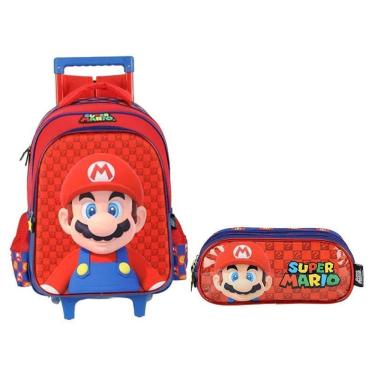 Imagem de Kit Mochila Com Rodinhas E Estojo Escolar Triplo Super Mario Azul - Maxlog