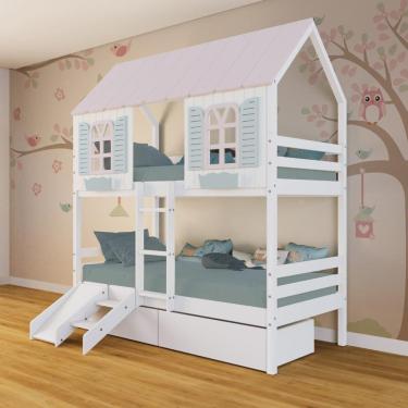 Imagem de Beliche Casinha Bela com 2 Gavetas Kit Escada/Escorregador - Madeira Maciça Branco/Rosa/Verde | Megamobilia