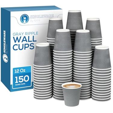 Imagem de NYHI Conjunto de 150 copos de papel cinza isolados ondulados de 340 g xícaras quentes de café e chá recicláveis de parede ondulada de 3 camadas para melhor isolamento, perfeito para cappuccino, coco