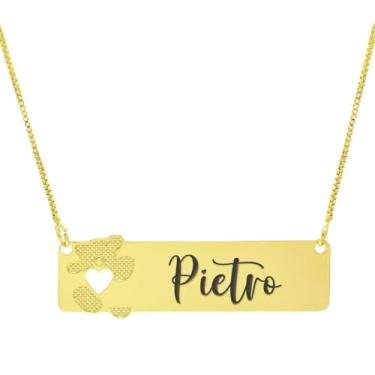 Imagem de Colar Personalizado Ursinho Coração Vazado Gravação Pietro Banhado Ouro 18K - 999012107