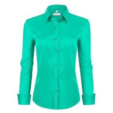 Imagem de Camisas femininas com botões, siliteelon, manga comprida, verde menta