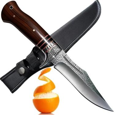 Imagem de faca artesanal forjada a mão cabo madeira pinho lâmina aço bruto churrasco camping pesca caça lâmina afiada com coldre resistente rústica sobrevivência tática