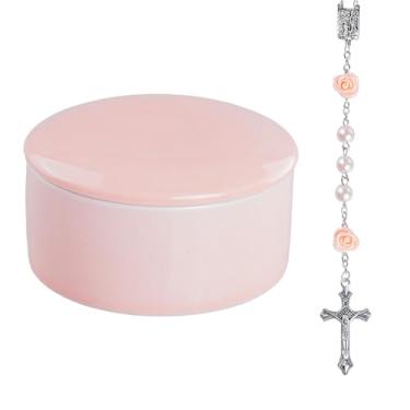 Imagem de kullder Caixa de lembrança para meninas My First Pink Rosary + colar, presentes de batismo católico para meninas, comunhão católica para crianças, presentes de batismo para meninas ou crianças, chá de