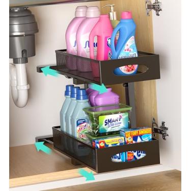 Imagem de Beleeb Organizador embaixo da pia, organizador de armário deslizante de metal de 2 níveis, série de organização e armazenamento com altura ajustável, organização de banheiro/cozinha (preto - pacote