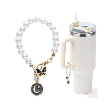 Imagem de YIRUIDD Berloque de letras para Stanley Cup, acessórios de corrente de pérolas, pingentes iniciais Stanley Cup para lidar com objetos de decoração, garrafa de água, joias, copo, fofo, personalizado