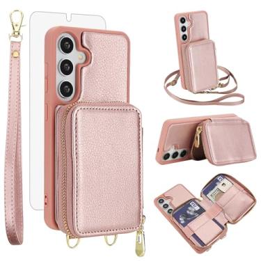 Imagem de Capa de celular para Samsung Galaxy S24/S25 5G carteira celular com protetor de tela de vidro temperado, alça transversal, suporte para cartão de crédito com bloqueio de RFID S 24 24S 25 25S G5