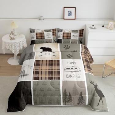 Imagem de jejeloiu Conjunto de cama king size com estampa de acampamento feliz, para meninos, meninas, adolescentes, vintage, cinza, verde, respirável, macio, leve, conjunto de edredom de microfibra