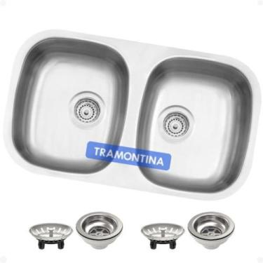 Imagem de Cuba Pia Dupla de Cozinha 77X45 Tramontina Prime Luxo Isis Inox Escova