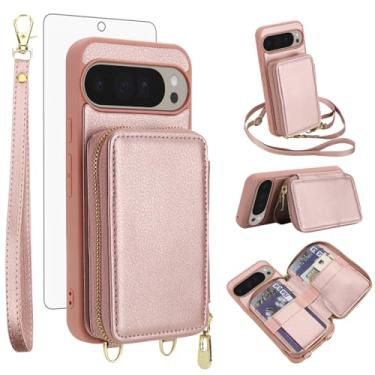 Imagem de Capa de celular para Google Pixel 9 Pro XL carteira celular com protetor de tela de vidro temperado, alça transversal, cordão com bloqueio de RFID, suporte para cartão de crédito Pixel9 9Pro 9ProXL
