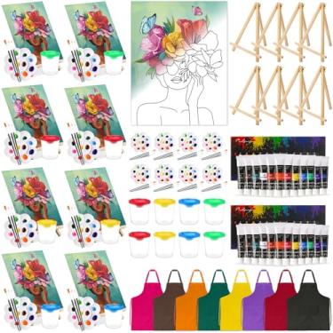 Imagem de Cholemy Conjunto de 8 kits de tinta e sip para adultos 20 cm x 25 cm tela pré-desenhada com cavaletes de madeira pincéis de tinta acrílica avental de paleta de copos de lavagem para pintura faça você